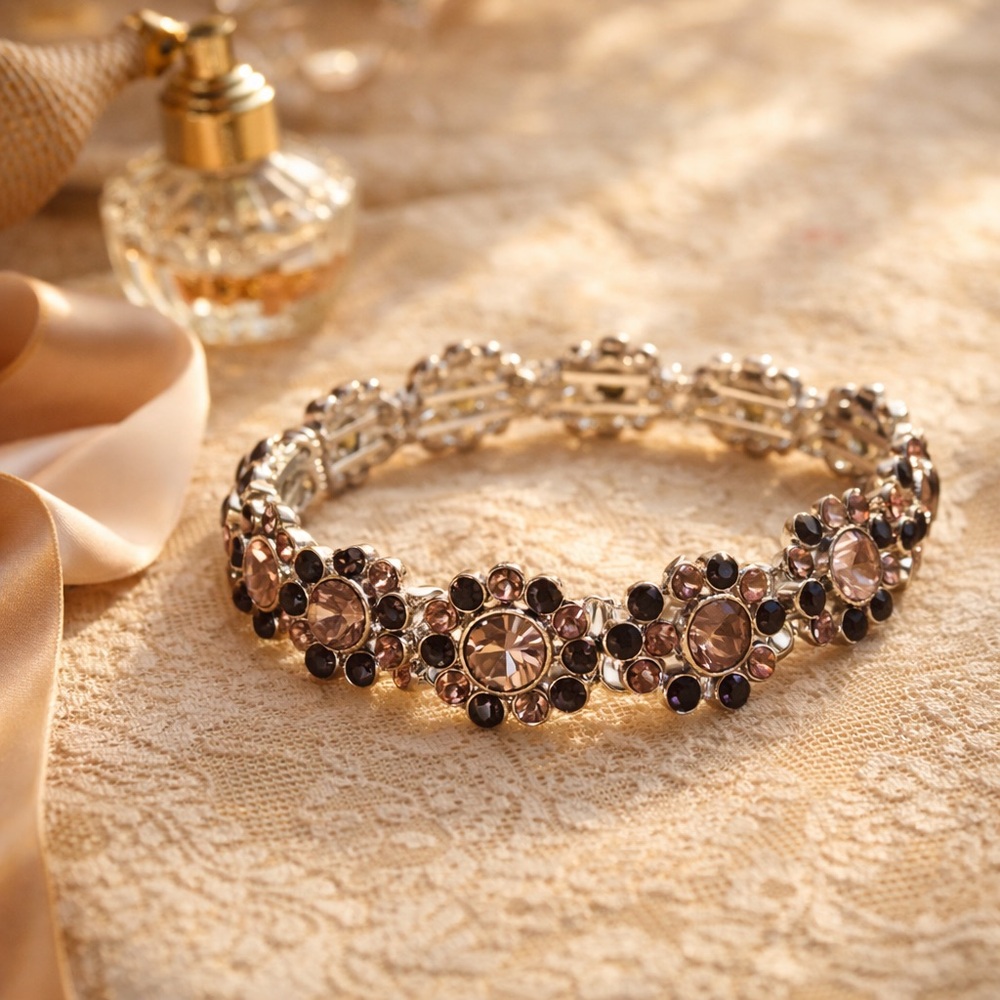 Vintage Rose Gold and Black Crystal Stretch Bracelet